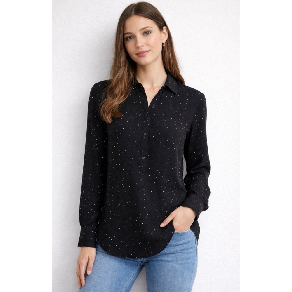 RAG & BONE | 1/2 Button Ari Blouse Top in Black‎ & White Cross Print Sz. Large